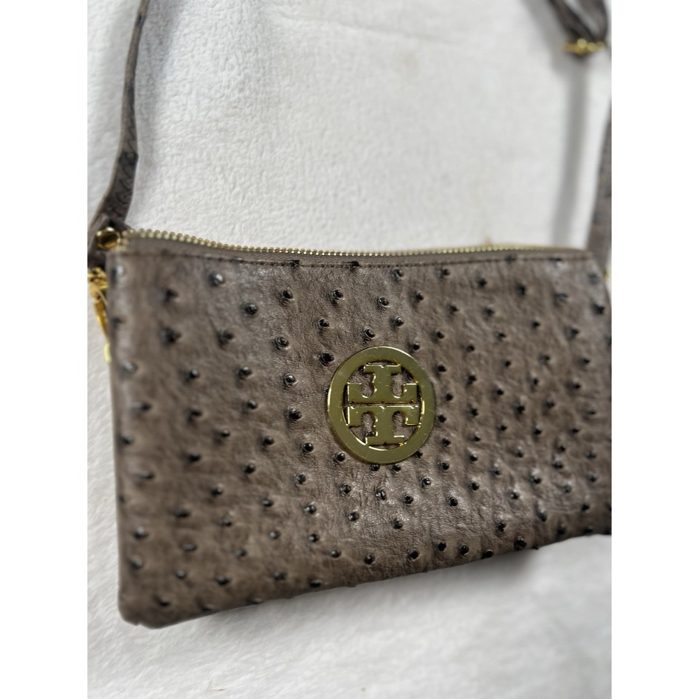 WOMEN'S CROSSBODY OSTRICH EFFECT CLUTCH  HANDBAG,‎ KHAKI, NEW GOLD HARDWARE